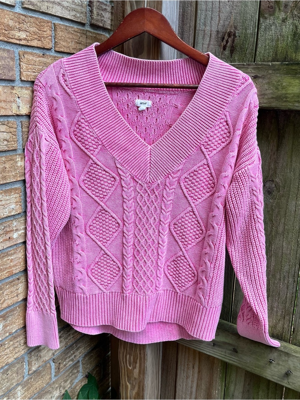 Aerie Pink Cable-Knit V-Neck Sweater